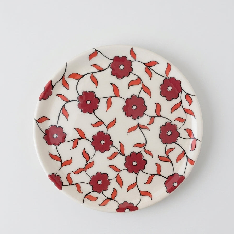 Red Floral Pattern Ceramic Plate