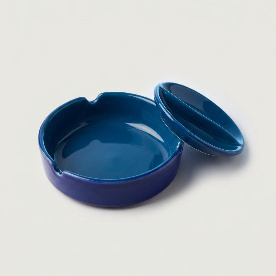 Blue Matte Exterior Ashtray with Small Dish