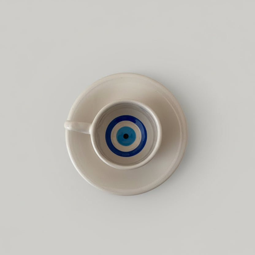 Turkish Coffee Cup with Evil Eye Design & Saucer