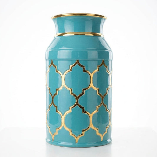 Turquoise Ceramic Vase With Gold Geometric Pattern