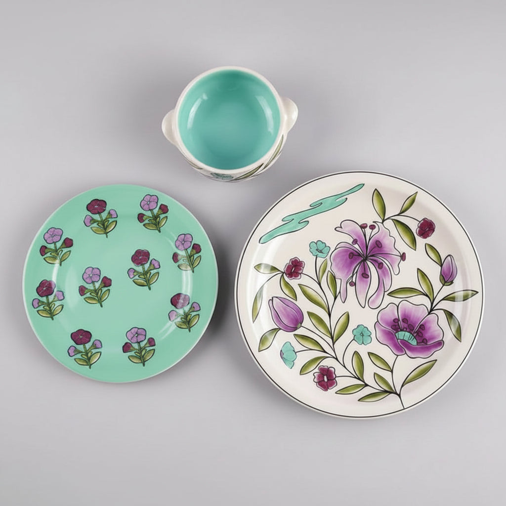 Spring Bloom Ceramic Plates & Bowl Set Of 3