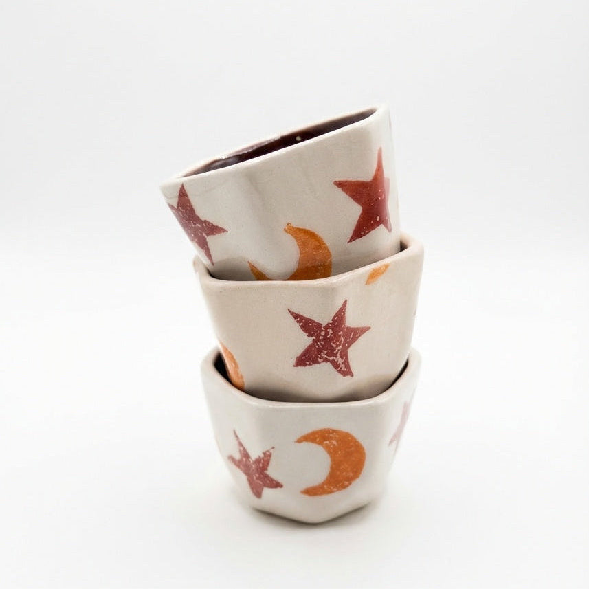 Hexagonal Star & Moon Coffee Cup with Brown Glaze