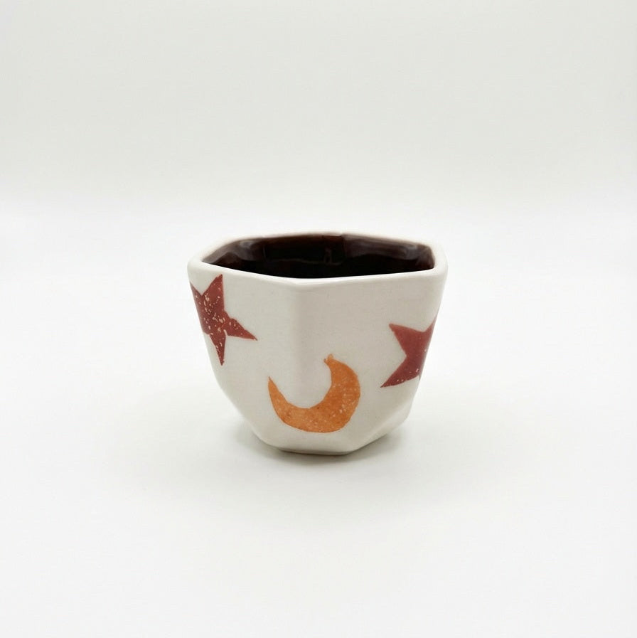 Hexagonal Star & Moon Coffee Cup with Brown Glaze