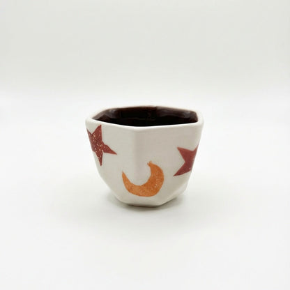 Hexagonal Star & Moon Coffee Cup with Brown Glaze