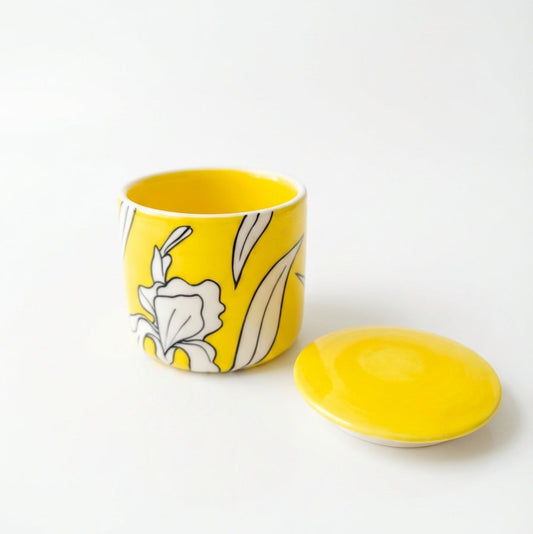 Yellow Iris Design Pot with Lid
